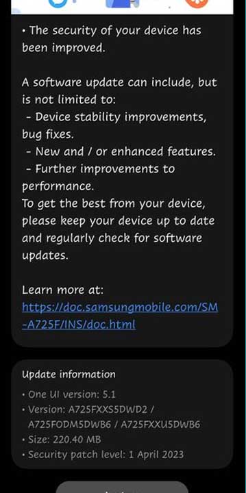 Samsung Galaxy A72 April 2023 patch