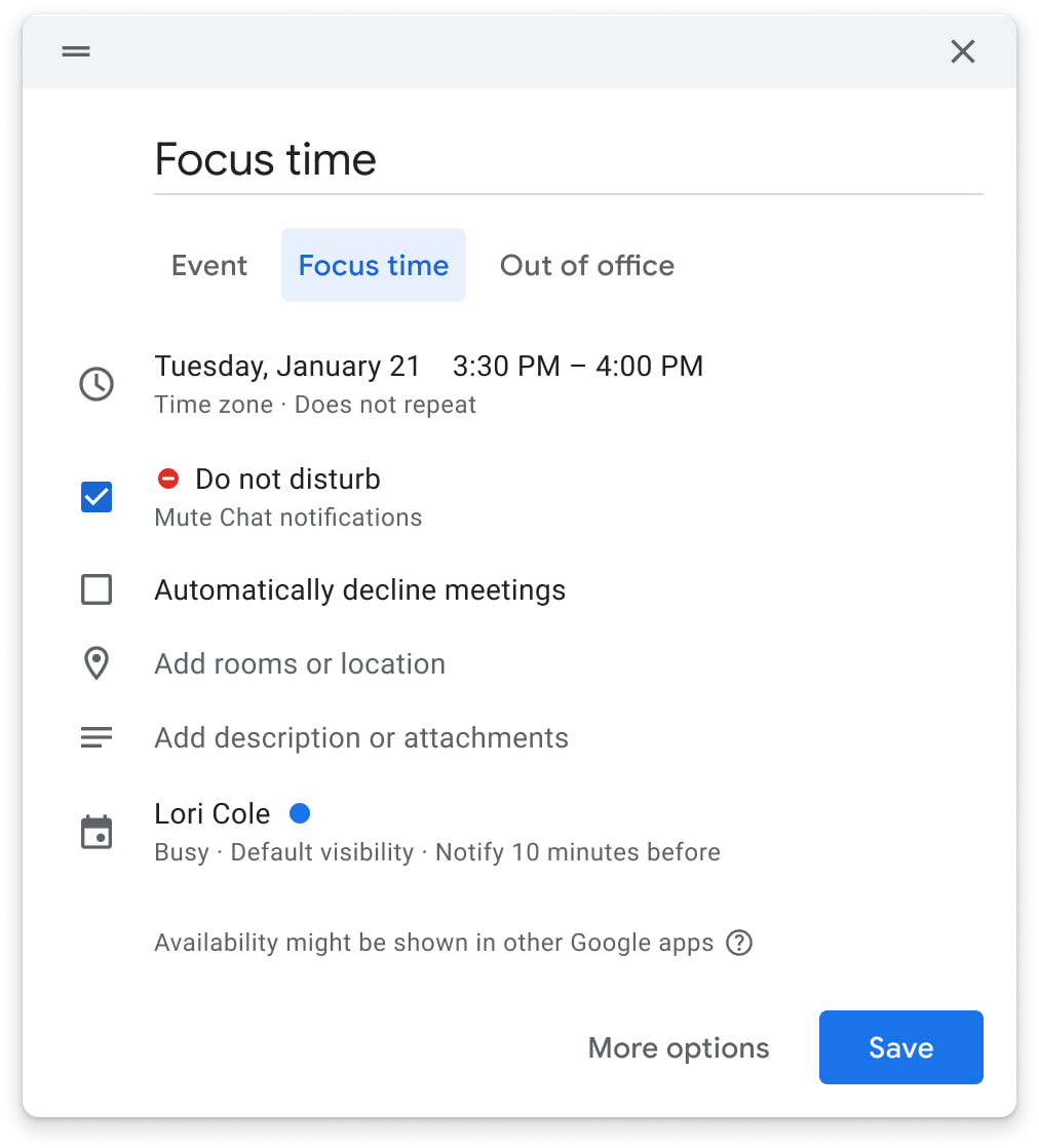 Google Calendar mute chat notifications