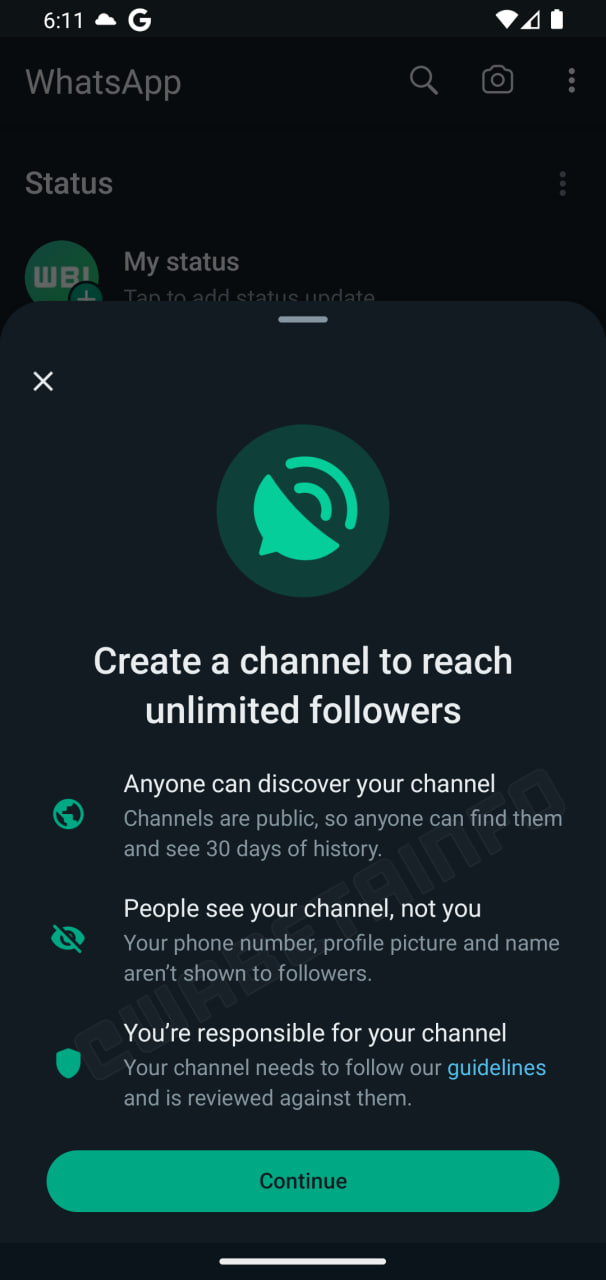 WhatsApp create channels