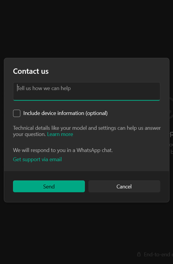 WhatsApp in-app chat support Windows