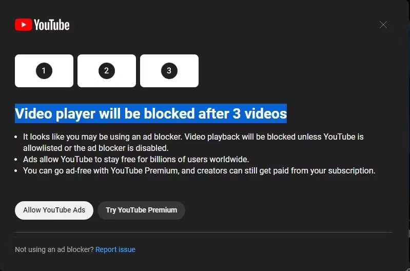 YouTube three-strikes policy ad blockers