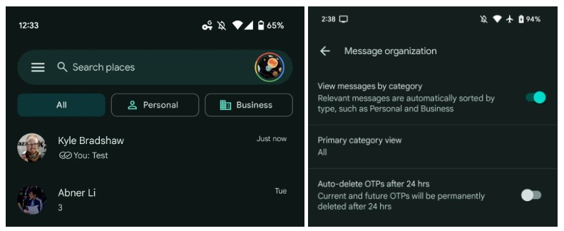 Google Messages auto-organizing categories