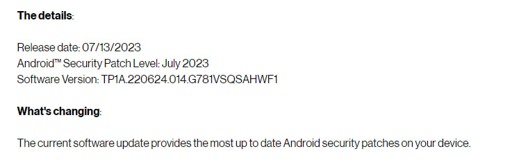 Samsung Galaxy S20 FE July 2023 update verizon