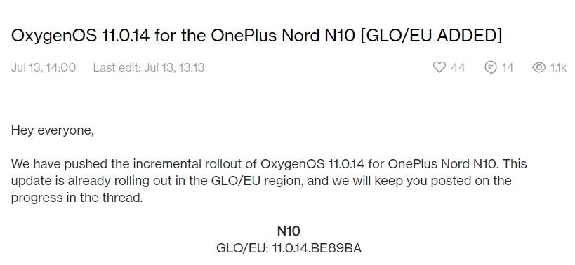 OnePlus Nord N10 July 2023 update