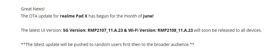 Realme 10 Pro Pad X June 2023 update