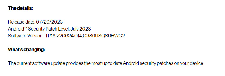 Samsung Galaxy S20 July 2023 update Verizon