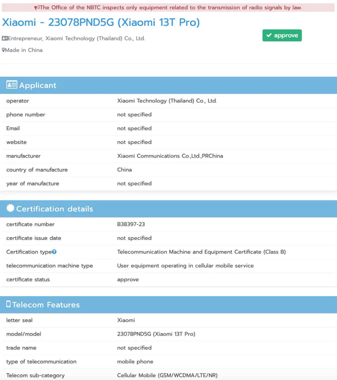 Xiaomi 13T Pro NBTC certification