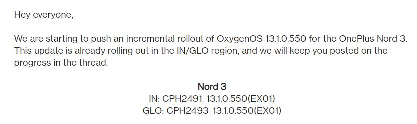 OnePlus Nord 3 battery update global