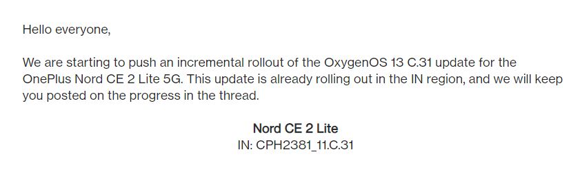 OnePlus Nord CE 2 Lite August 2023 update