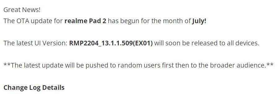 Realme Pad 2 first update