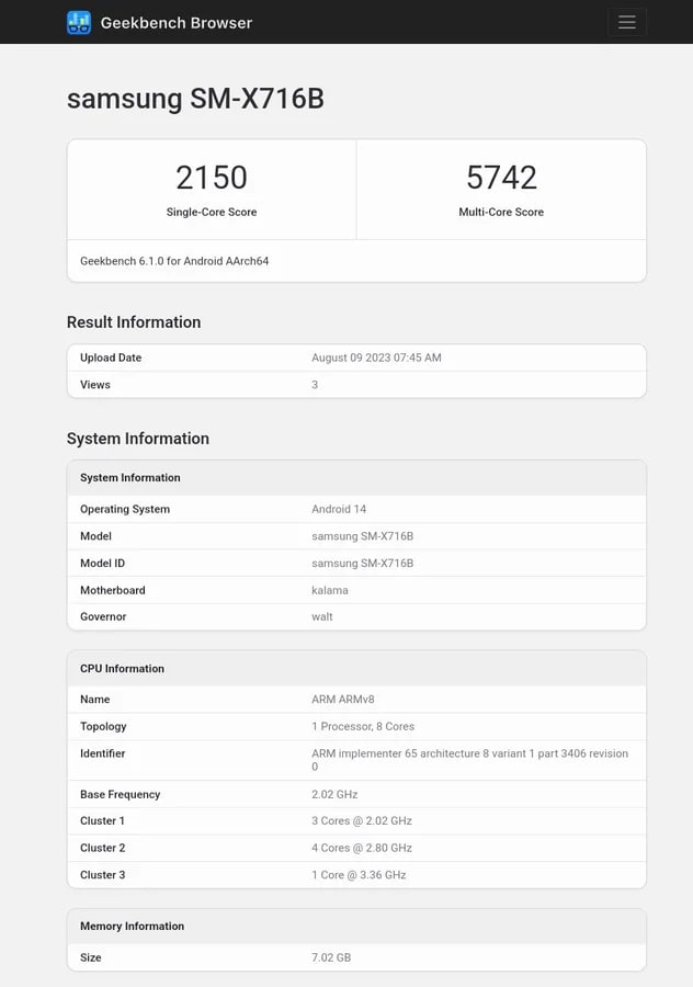 Samsung Galaxy Tab S9 5G geekbench