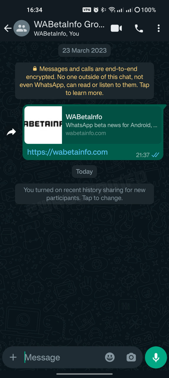 WhatsApp recent history-sharing feature