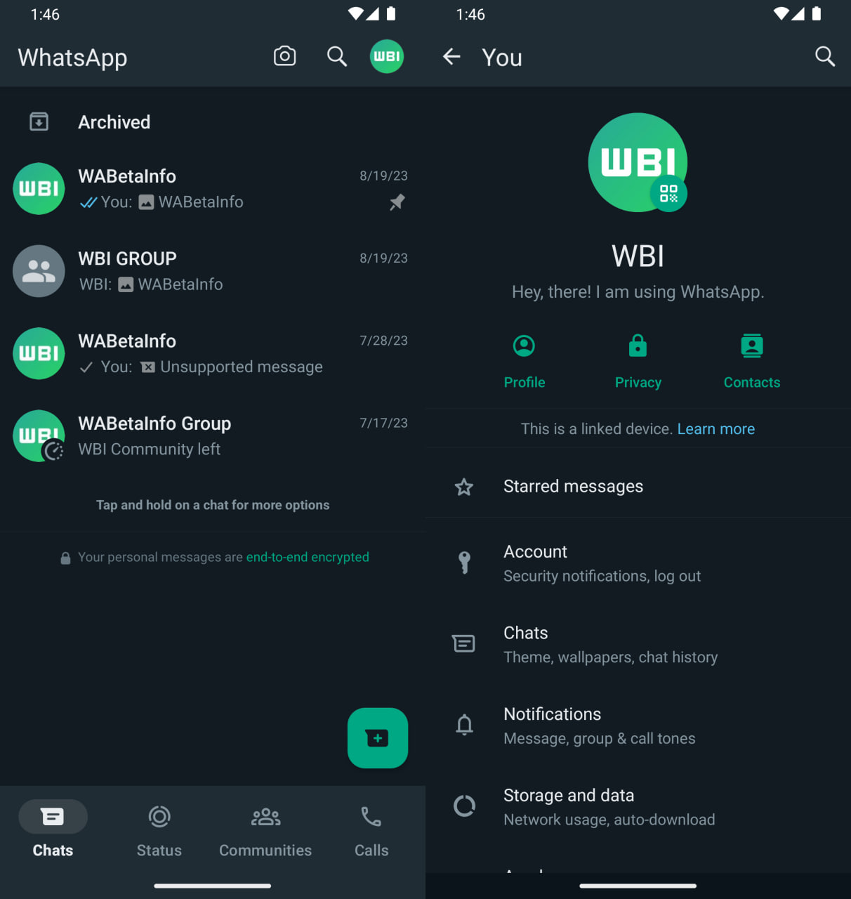 WhatsApp Android Settings Interface