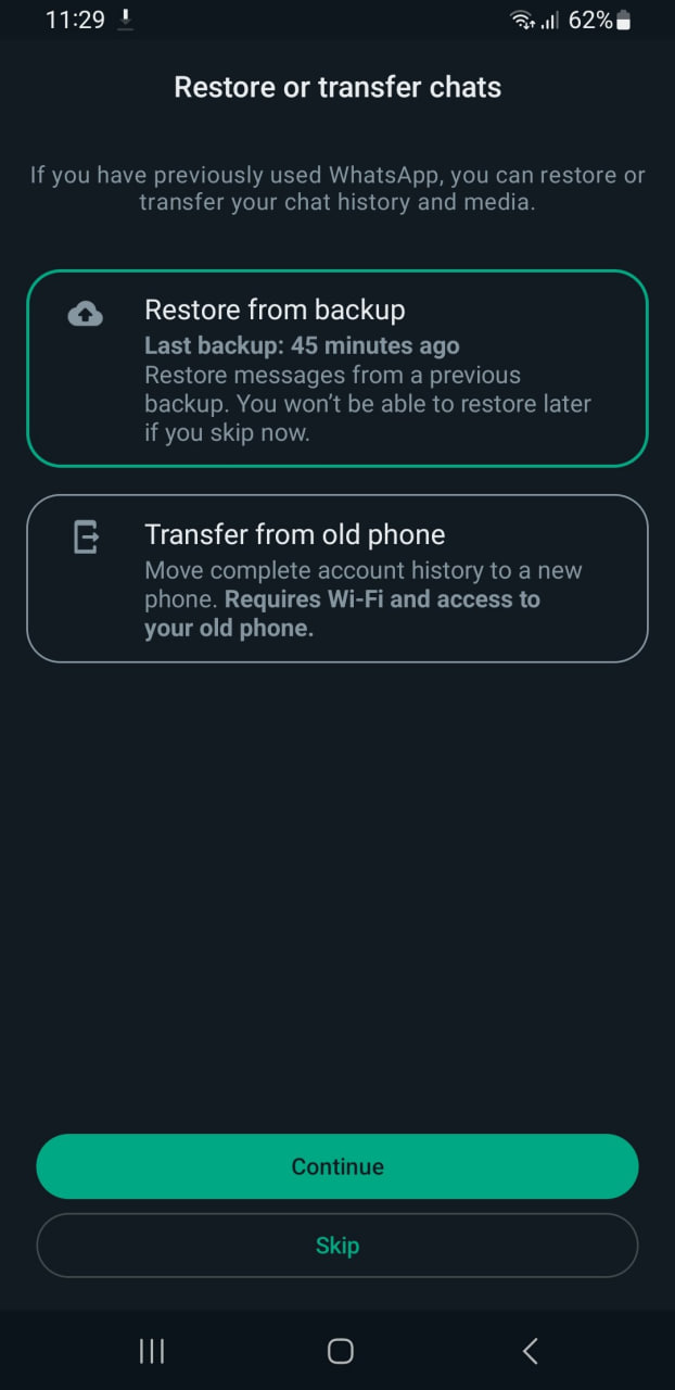 WhatsApp restore chats interface