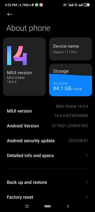 Xiaomi 11T Pro August 2023 update