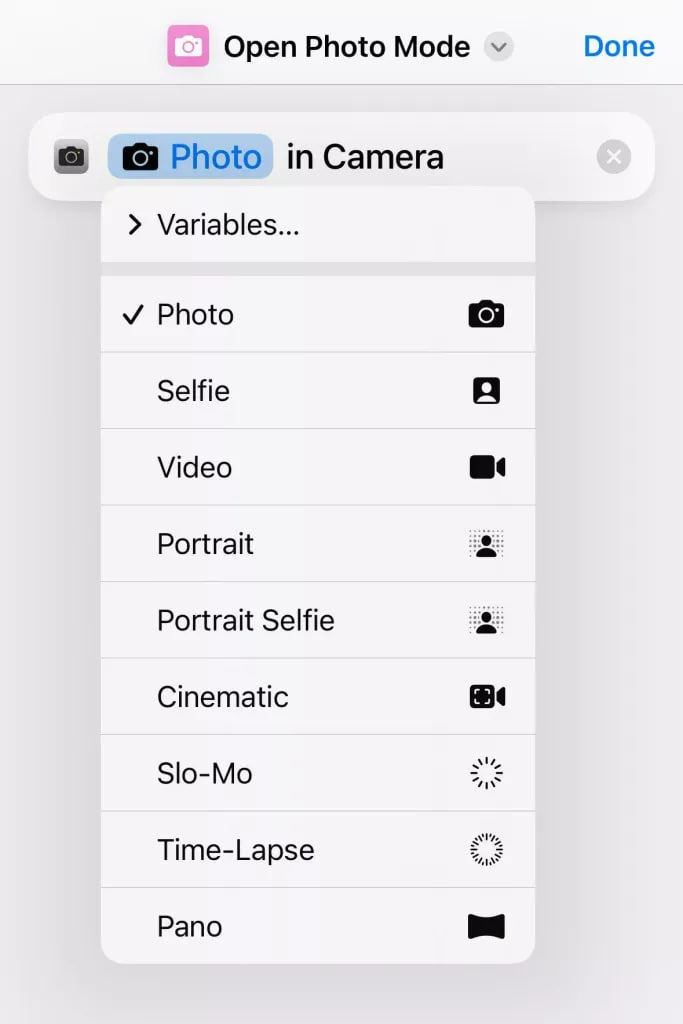 Apple iOS 17 Shortcuts camera modes