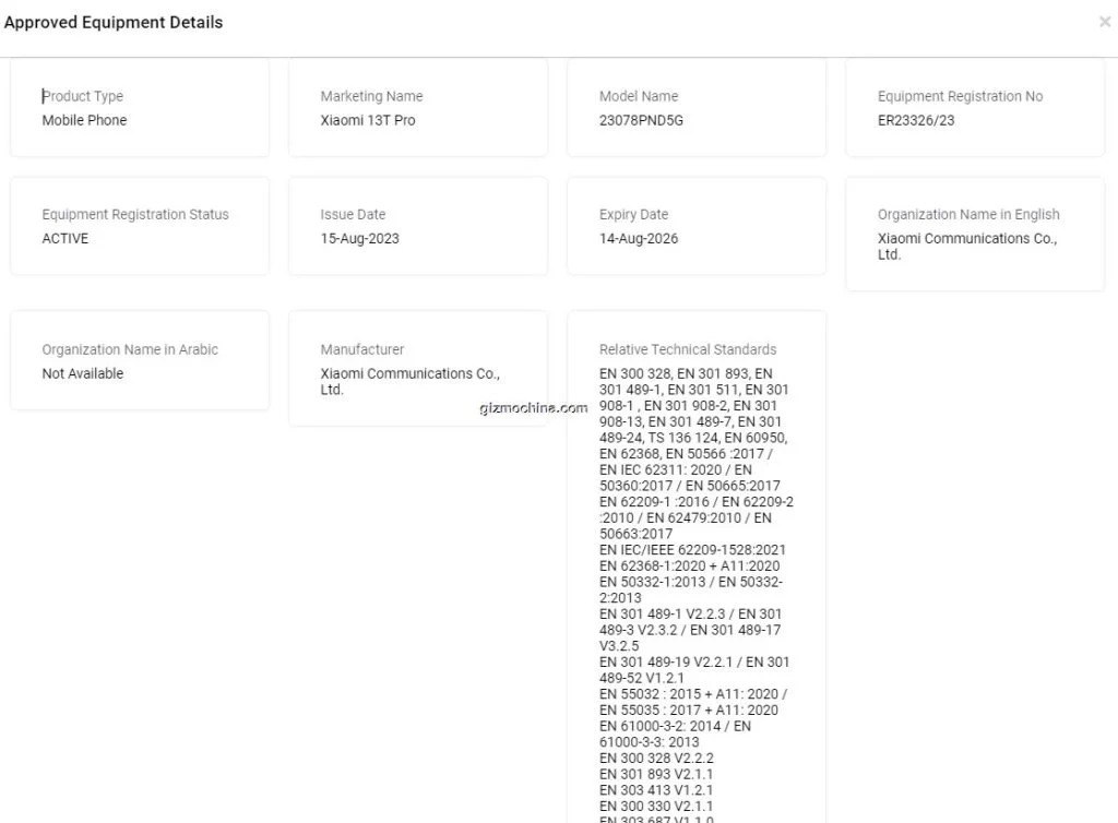 Xiaomi 13T TDRA certification
