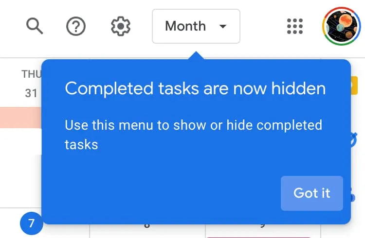 Google Calendar hides completed tasks