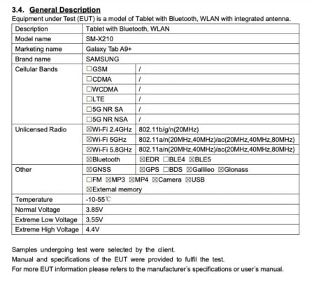  Samsung Galaxy Tab A9+ battery specs