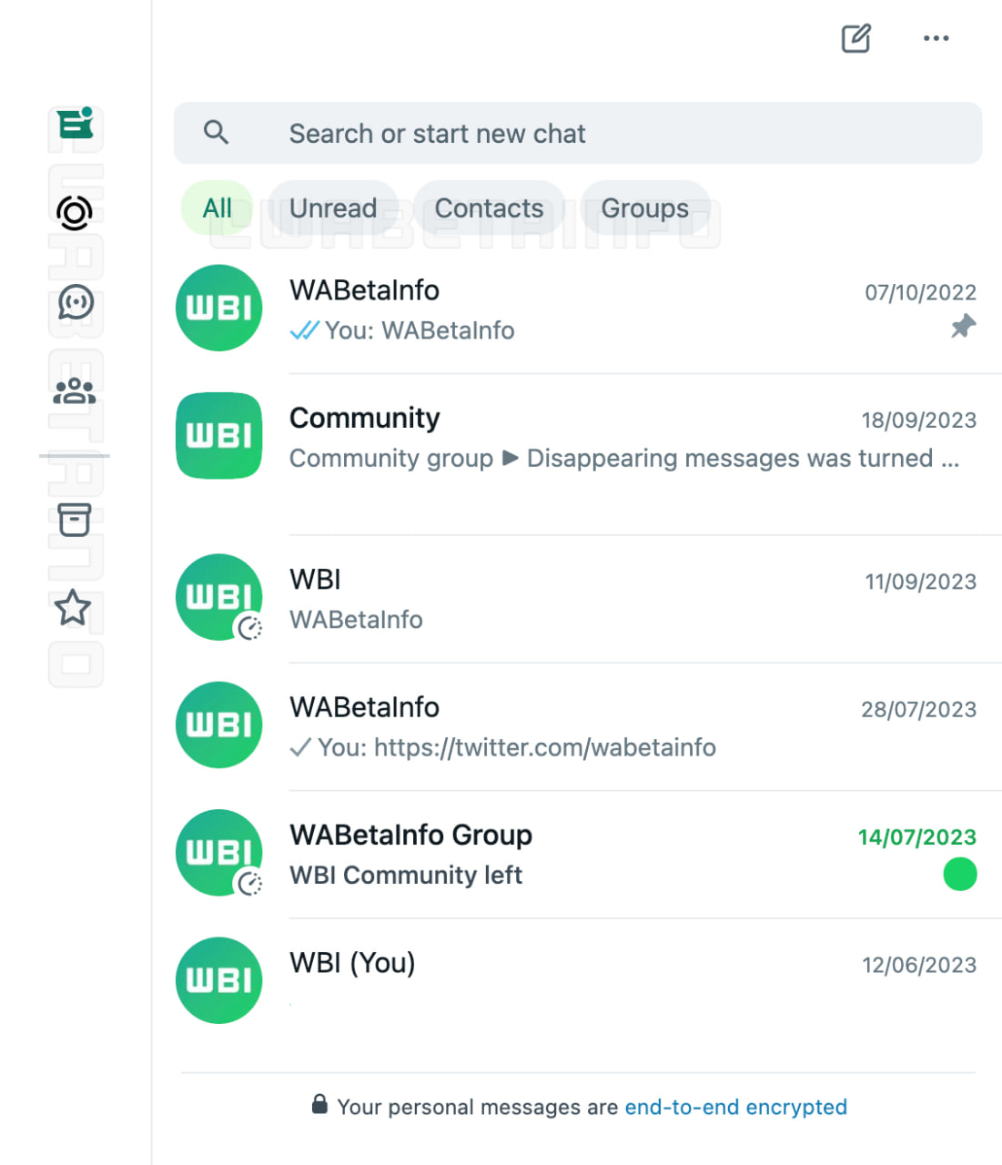 WhatsApp Web sidebar group chat filter