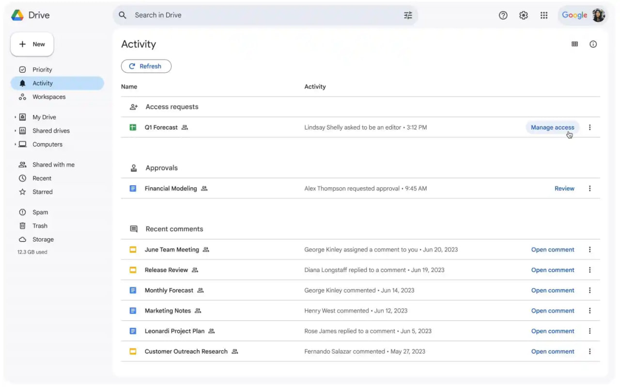 Google Drive Activity feed 
