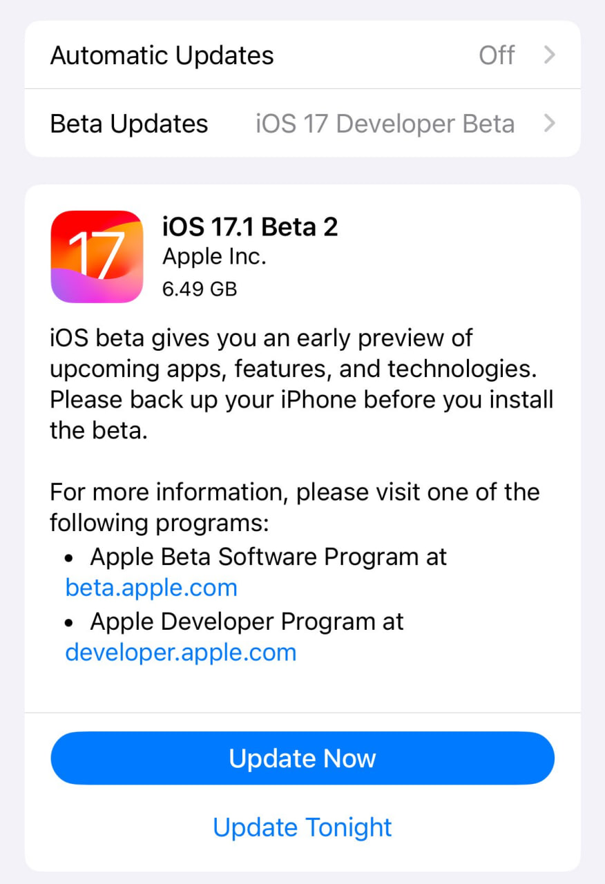 Apple iOS 17.1 developer beta 2
