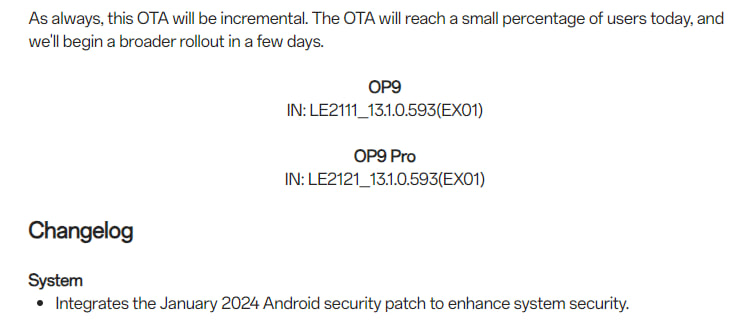  OnePlus 9 Pro January 2024 update