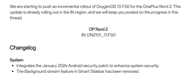 OnePlus Nord 2 January 2024 update
