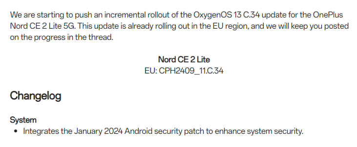 OnePlus Nord CE 2 Lite January 2024 update