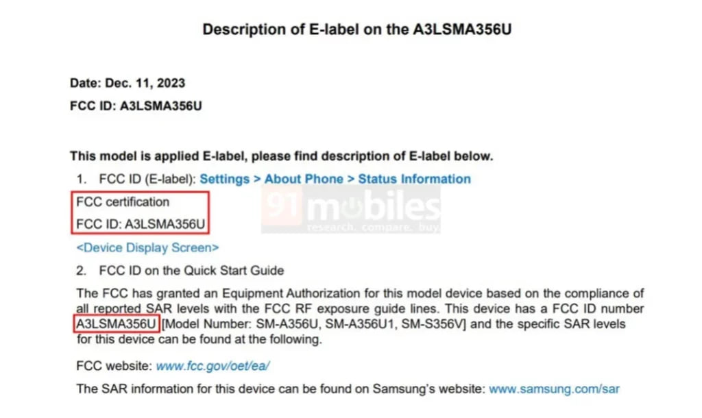 Samsung Galaxy A35 25W charging FCC