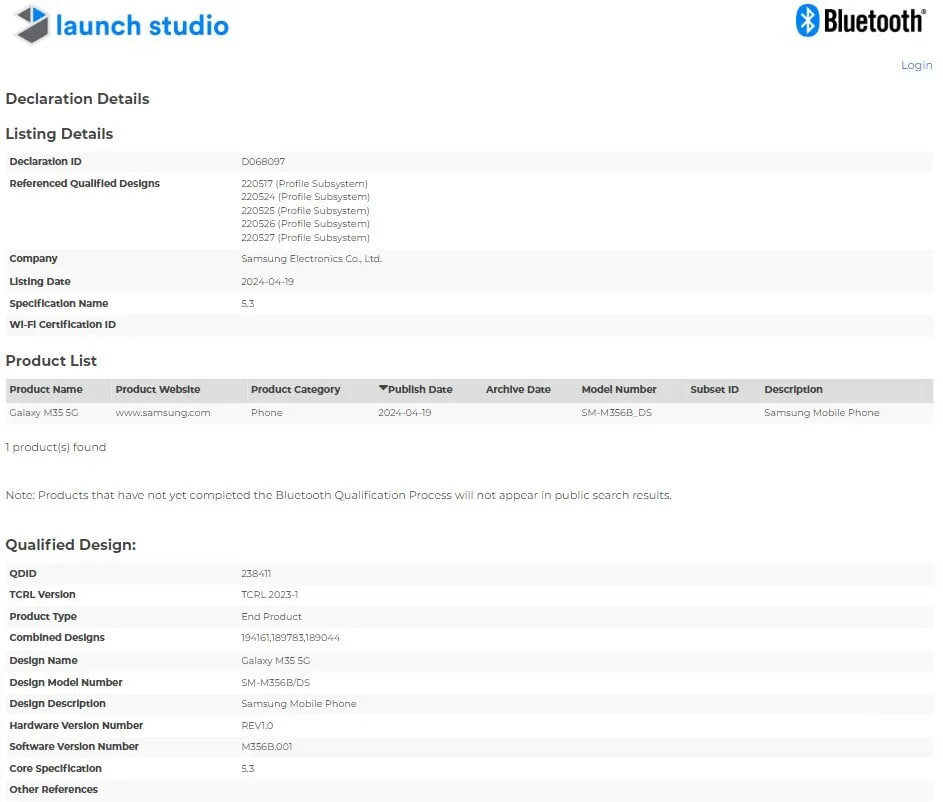 Samsung Galaxy M35 Bluetooth SIG