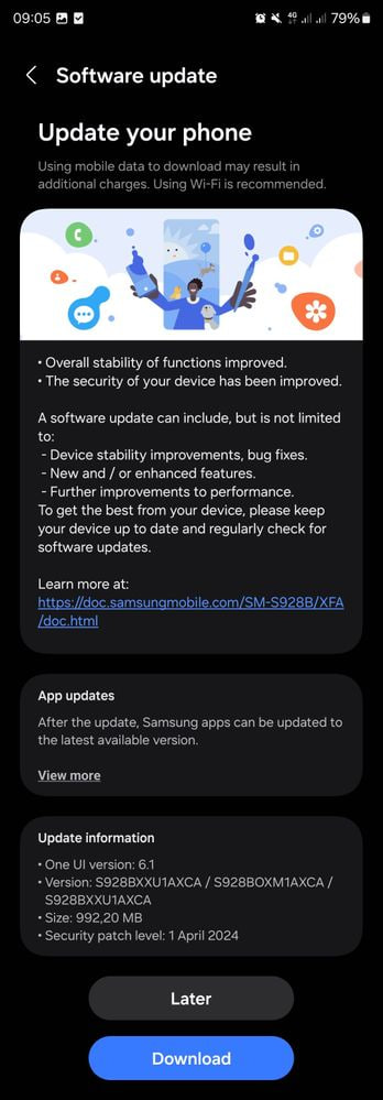 Samsung Galaxy S24 April 2024 update
