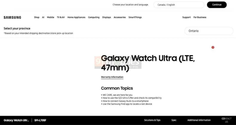 Galaxy Watch Ultra support page Canada 